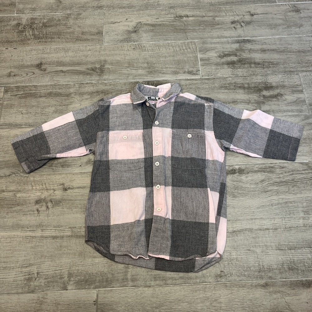 Vintage Shah‎ Safari Boys Pink Gray Button Down Plaid Check Shirt Size Small